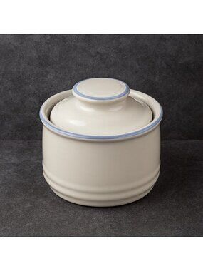 Stoneware Japan Sugar Bowl Vtg Cream w/blue stripe w/lid functional Country EUC